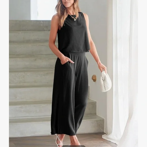 ANRABESS Summer 2 Piece Outfits Sleeveless Crop Top Black Wide Leg Pants Linen M - Picture 11 of 14